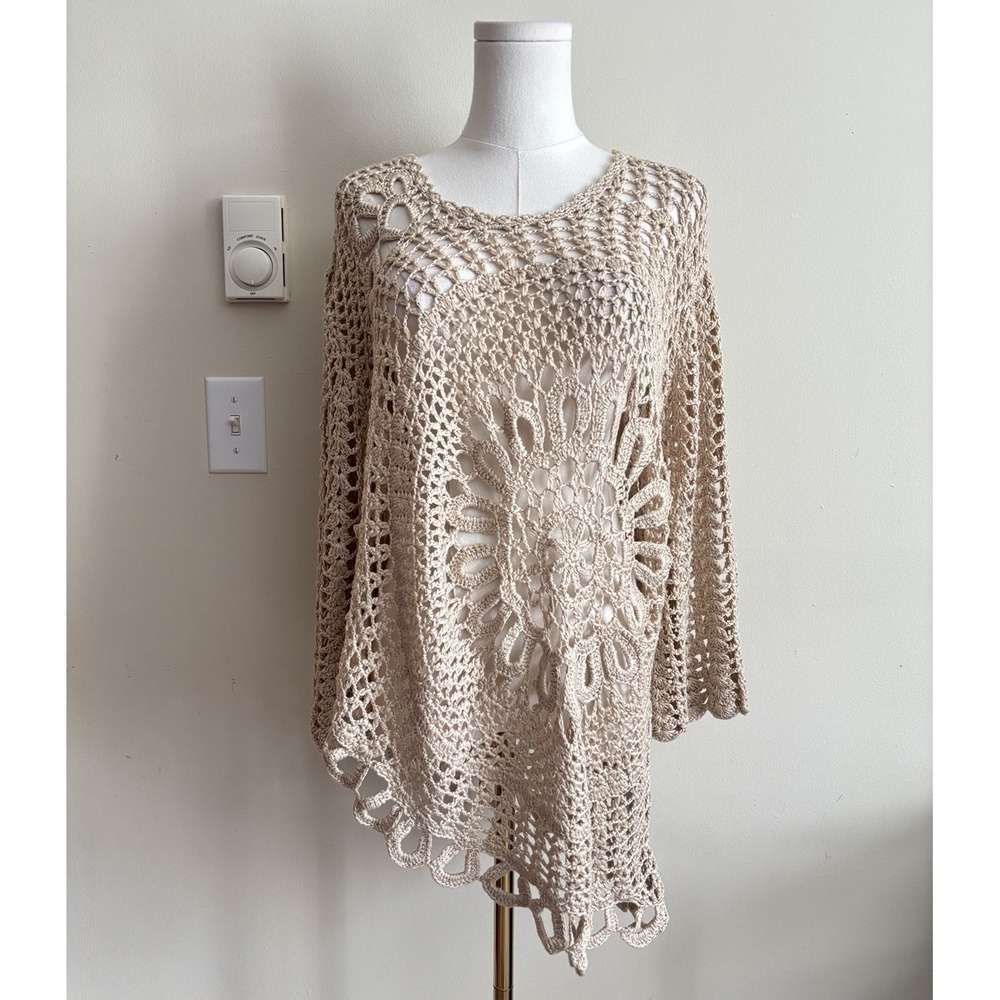 Dressbarn Plus Size 2X Crochet See Through Sweater Asymmetrical Boho Beige Fairy